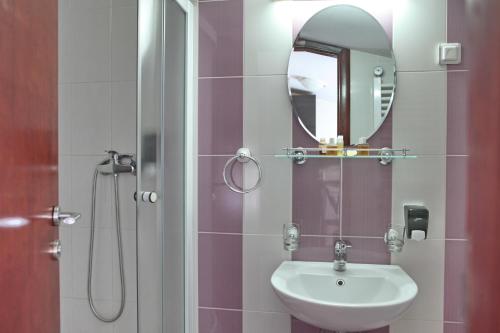 貝爾格勒的住宿－快樂星俱樂部酒店，浴室配有盥洗盆和带镜子的淋浴