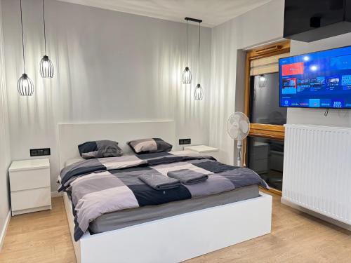 a bedroom with a large bed and a flat screen tv at Old Town Nadmotławie - Sauna & Gym I 10min deptak in Gdańsk