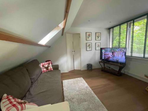 sala de estar con sofá y TV de pantalla plana en Private House ‘Het Dwerghuys’ - also longstays en Doorn