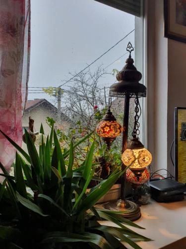 a table with two lamps and a plant in front of a window at Melisa Apartment Sarajevo in Sarajevo