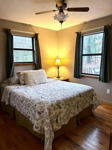 Un dormitorio con una cama y dos ventanas. en Private cozy cabin in the woods with great view, en Murphy