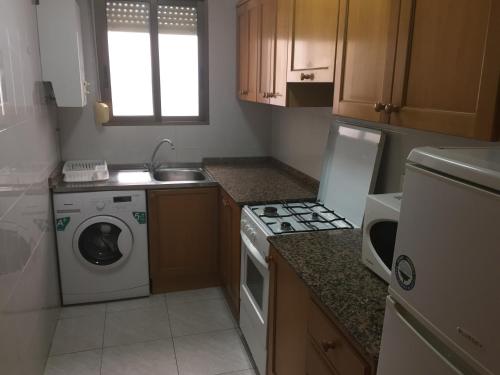 een kleine keuken met een wasmachine en een wastafel bij Apartamentos Vicent in Peñíscola
