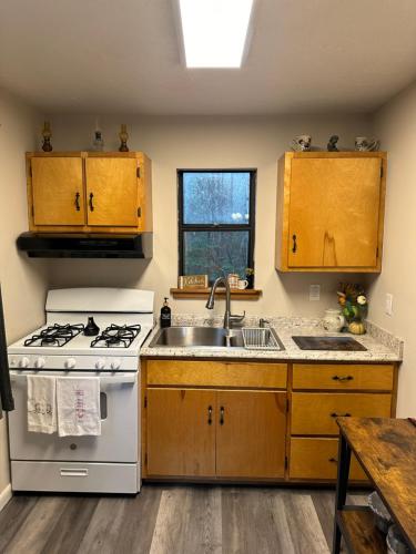 Una cocina con una estufa blanca y un fregadero. en Private cozy cabin in the woods with great view, en Murphy