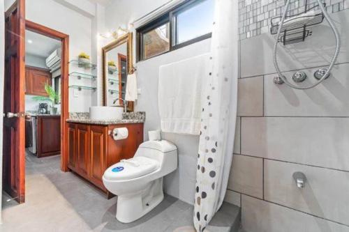 ein Bad mit einem WC und einer Dusche in der Unterkunft Magical 1 Bedroom Condo with Ocean View & Pool in Potrero