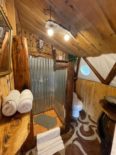 a small bathroom with a shower in a cabin at Poas Volcano Observatory Lodge & Glamping in Poasito