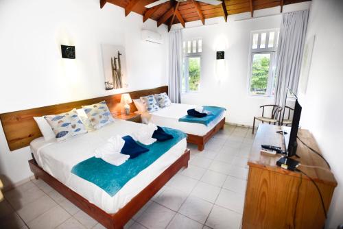 a bedroom with two beds and a television in it at El Pelicano Apart-Hotel in Las Galeras