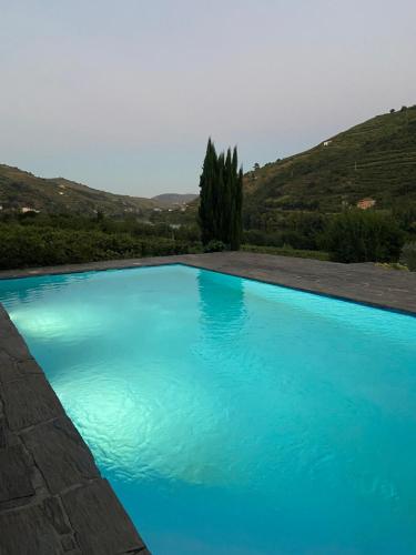 a blue swimming pool with a mountain in the background at Quinta das Casas - Douro Winery & Villas in Vila Real
