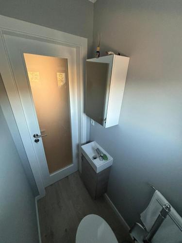 a small bathroom with a toilet and a door at Casa da Ilha Granjal Treixedo in Castelejo