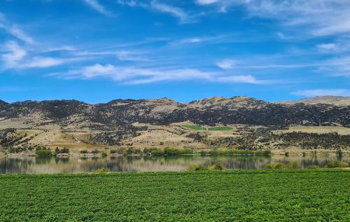a large body of water with mountains in the background at Glamping Dome - Pinot in Cromwell