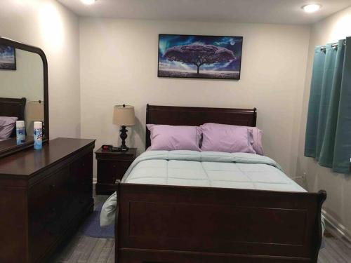 a bedroom with a bed with a dresser and a tree at Entire Twnhouse 2bdrms 3Bthrm 2Qbeds 2Levls Fncd Bkyard in Greenbelt