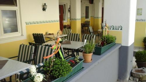 a restaurant with tables and chairs and potted plants at Gasthof zum Goldenen Pflug in Amstetten