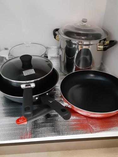 a frying pan and a pot on a counter at 恐竜博物館まで車で5分 自然体験 古来農業体験ができる一棟貸し宿Dinosaur Agri in Katsuyama