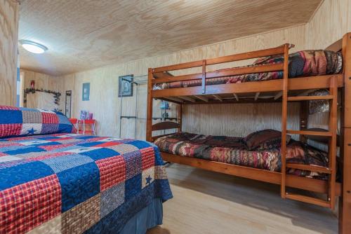 a bedroom with two bunk beds in a cabin at Tiny House at Buffalo River Lodge in Saint Joe