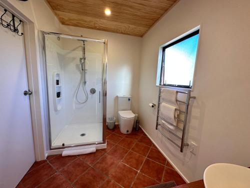 uma casa de banho com um chuveiro e um WC. em Lakeside Retreat em Cromwell