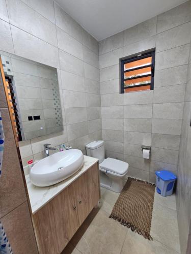 a bathroom with a sink and a toilet and a mirror at AP Villa Tourist Residence 16467 in Flic-en-Flac