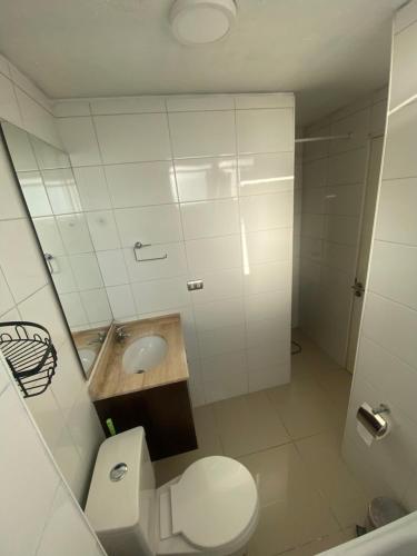 a white bathroom with a toilet and a sink at Vista Panorámica gran Concepción in Concepción