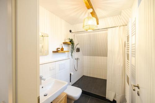 a bathroom with a white toilet and a sink at 100qm - 3 rooms - central - RHM apartments in Hannover