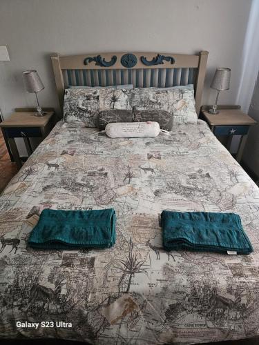 Una cama con dos almohadas verdes. en The Witch's Inn en Philippolis