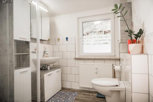 a white bathroom with a toilet and a sink at Stadt-Ferienwohnung in Bad Lauterberg