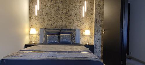 een slaapkamer met een bed met twee lampen erop bij Les Souvenirs d'Alsace in Colmar