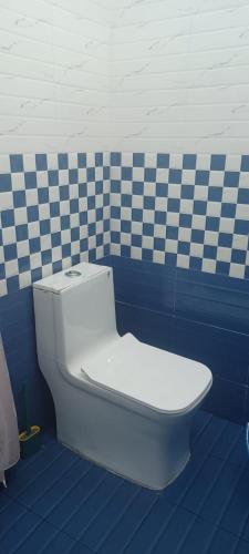 a toilet in a bathroom with a checkered wall at Diskul's HomeStay in Thiruvalla
