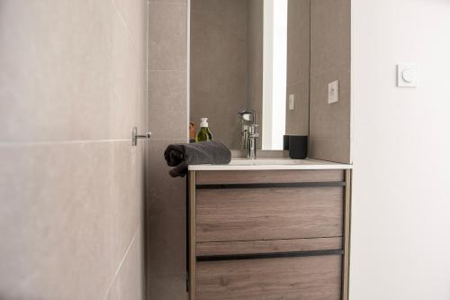une salle de bain avec un lavabo et une douche dans l'établissement T4 moderne à 2 min de la plage, à Banyuls-sur-Mer