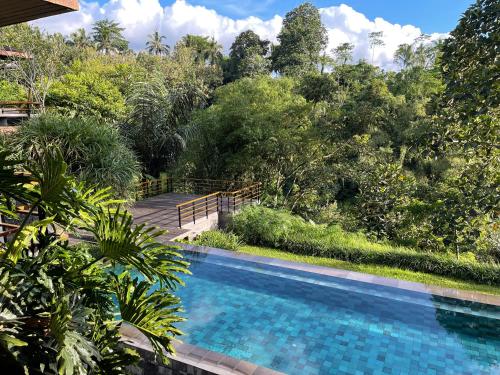 a swimming pool in the middle of a forest at Bali River Retreat in Perean