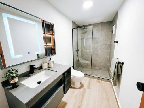 La salle de bains est pourvue d'un lavabo, de toilettes et d'une douche. dans l'établissement Stylish Comfy Boho Style Home W/ Parking@ San Juan, à San Juan