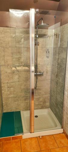 a shower with a glass door in a bathroom at Rivière & Cottage 4 étoiles en Auvergne - Cantal Auvergne - Valette & Riom in Valette