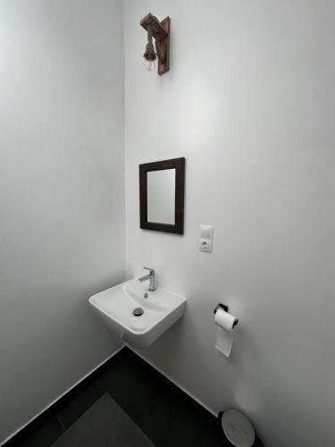 a white bathroom with a sink and a toilet at Madarasi Sportbázis in Căpîlniţa