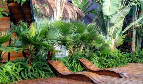 a garden with palm trees and wooden benches at Tiên Sơn Pleiku Homestay in Pleiku
