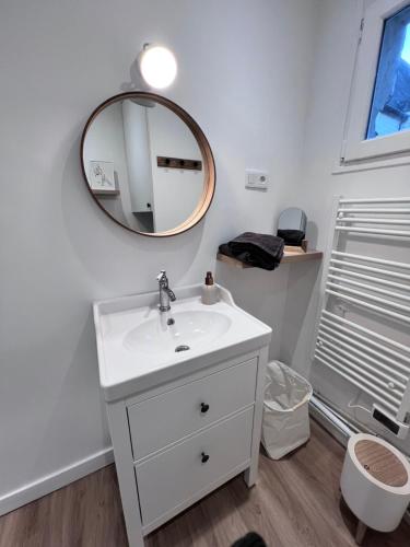 une salle de bain avec un lavabo blanc et un miroir dans l'établissement Le Jeanne, appartement en duplex proche forteresse et centre ville, à Chinon