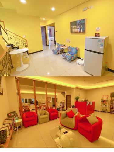 two pictures of a living room with red furniture at Bei Ao Bi Shan Jyu in Dongyin