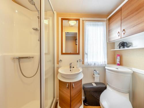 e bagno con servizi igienici, lavandino e doccia. di Hafod Caravan - Uk45717 a Brynteg