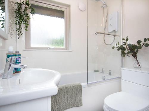 ein weißes Bad mit einem Waschbecken und einem WC in der Unterkunft Rowan Lodge in Resolis