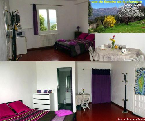 um quarto com duas camas e um quarto com uma mesa em A 2 minutes rivière 25 minutes Ajaccio plages linge et PARKING inclus em Ucciani