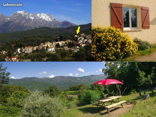a collage of photos with a picnic table and a mountain at A 2 minutes rivière 25 minutes Ajaccio plages linge et PARKING inclus in Ucciani