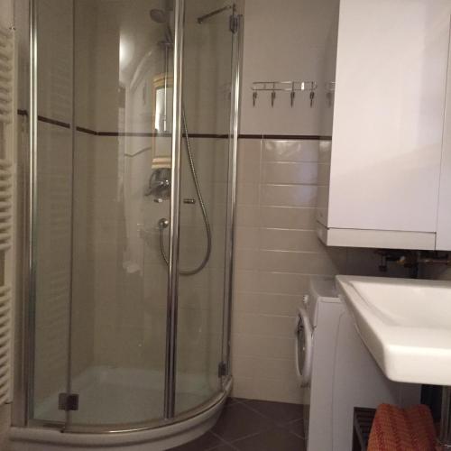 a shower with a glass door in a bathroom at Appartamento il Nido in Moena