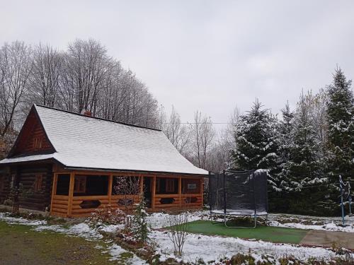 a log cabin with a snow covered roof at Stara Khata Карпати in Sheshory