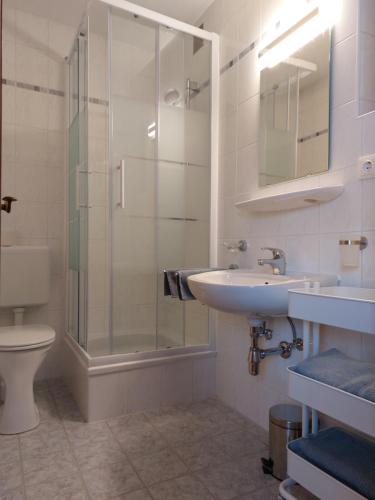 因斯布魯克的住宿－Haus Muigg，带淋浴、盥洗盆和卫生间的浴室