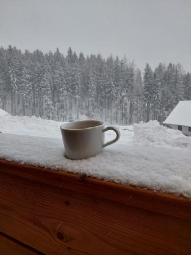 a coffee cup sitting on a window sill in the snow at Apartmán Bára in Cerny Dul
