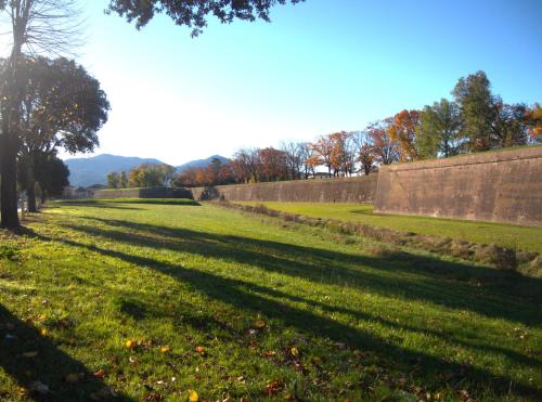een lange schaduw van een muur in een veld bij Appartamento via Grandi - Free Gated Parking - 5 minutes from Center in Lucca