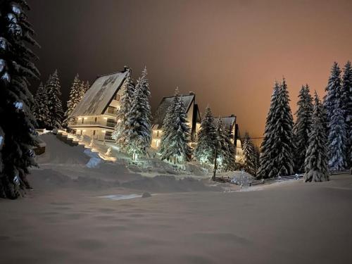 a building with snow covered trees in front of it at GO Jahorina by Olympic Gardens in Jahorina