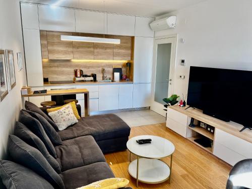 een woonkamer met een bank, een tv en een tafel bij Marsonia apartments in Zagreb