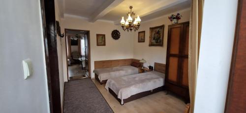 een slaapkamer met 2 bedden en een kroonluchter bij Apartament Orkisz in Zakopane