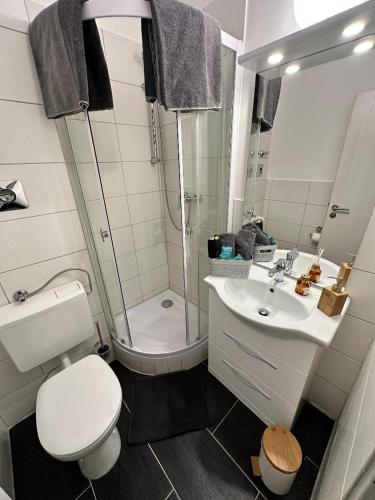y baño con ducha, aseo y lavamanos. en Apartment Kompakt 24/7, en Kassel