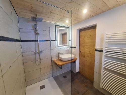 a bathroom with a shower with a sink and a toilet at Haus Stehbock in Partenen