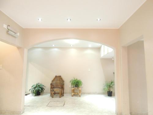a hallway with two potted plants in a building at Hotel Buenos Aires in Salta