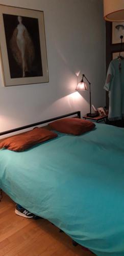 Säng eller sängar i ett rum på appartement avec balcon vue sur Seine et parking