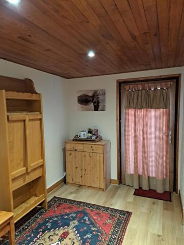 - un salon avec un plafond en bois et une porte dans l'établissement Le refuge du hérisson, à Doucier